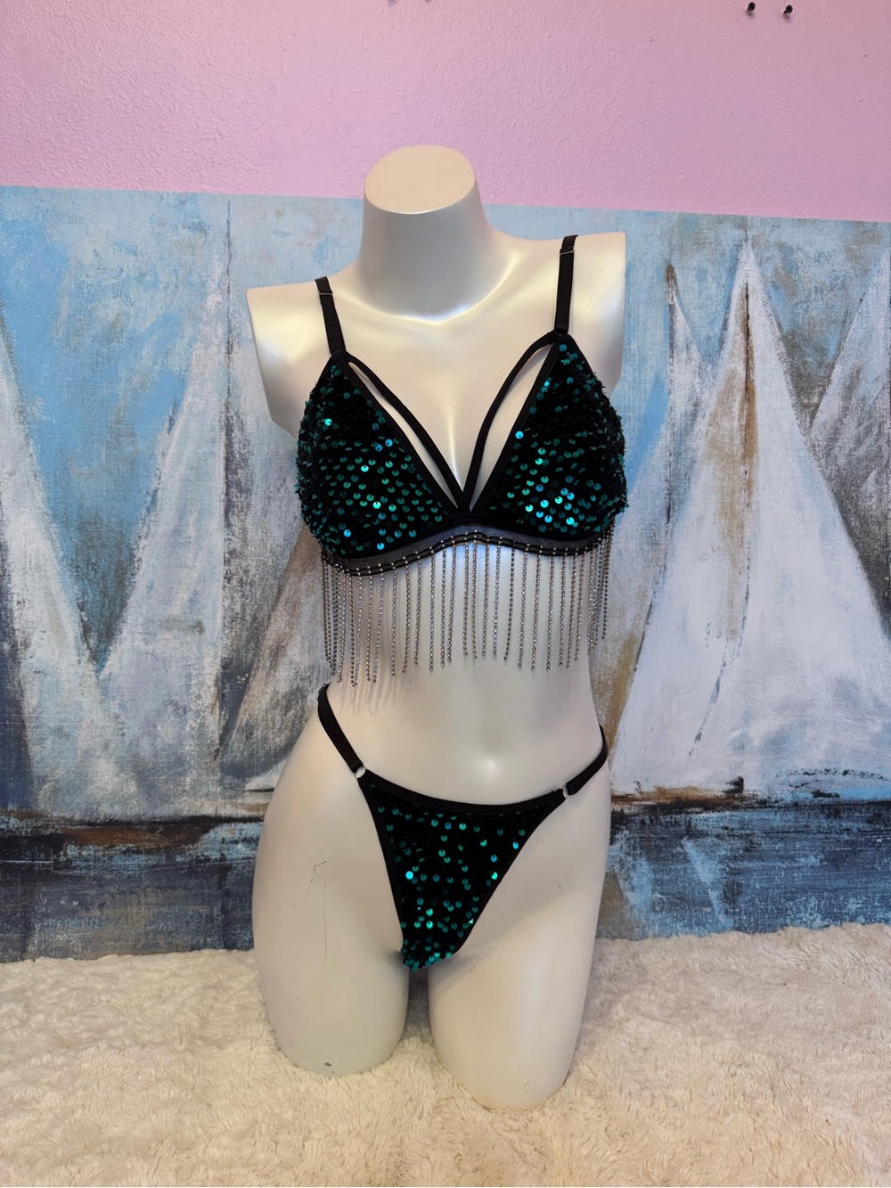 Source Unknown Emerald Sequin Fringe Bikini - Green & Black